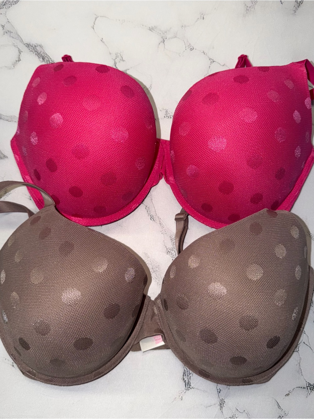 PINK Victoria's Secret Polka Dot Push-up T-Shirt Bras in Hot Pink and Taupe